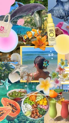 a collage of photos with flowers, fruit and other things in them including an umbrella