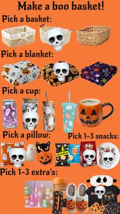 an orange poster with halloween items on it and the words, make a boo basket pick a blanket pick a cup pick a pillow