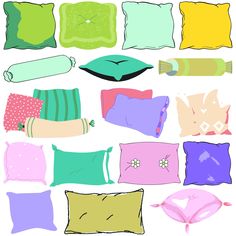 a bunch of pillows that are on top of each other in different colors and shapes