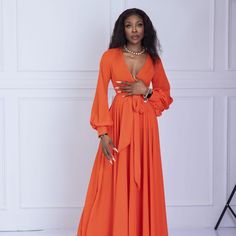 - Long Sleeves - Self Tying Belt - V Neckline - 100% Polyester Belt Tying, V Neckline, Color Orange, Colorful Dresses, Long Sleeves, Maxi Dress, Womens Dresses, Orange, Long Sleeve