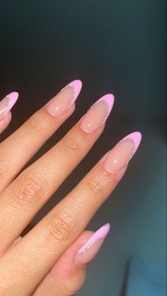 #nails #nailart #nails #pink Almond Nails Designs Pink French Tip, Pink French Tip Nails Oval, Pink French Tip With Glitter, Pink French Tips Almond, Light Pink French Nails, Almond Pink French Tip Nails, Baby Pink French Tip Nails, Light Pink French Tip Nails, Nails Cute Pink