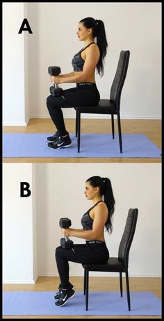 a woman sitting on top of a chair holding a dumbbell