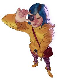 a person with blue hair wearing a yellow jacket and holding a camera up to their eye