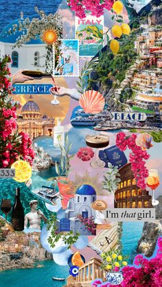 the collage is made up of many different pictures and words, including flowers, buildings,