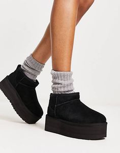 UGG Classic Ultra Mini platform boots in black | ASOS Black Uggs Platform, Ugg Platform Black, Black Uggs Aesthetic, Classic Mini Platform Uggs Outfit, Black Platform Uggs, Black Platform Uggs Outfit, Black Ultra Mini Uggs Outfit, Platform Uggs Black, Black Platform Outfit