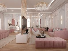 a living room with pink couches and chandeliers on the ceiling, along with white walls