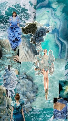 a collage of blue and white images with woman's body in the center