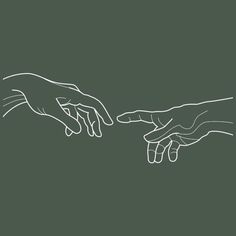 two hands reaching for each other with one hand touching the other's finger, on a green background