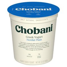 chobani greek yogurt, nonfat plain in a cup with blue lid