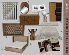 an assortment of furniture and decor items displayed on a white background with text below it