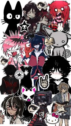 an image of many different anime characters with cats and dogs on their faces, all in black