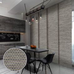 a dining room table with two chairs next to it and a chalkboard on the wall