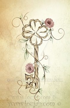 a cross with flowers on it and vines growing out of the top, in front of an old paper background