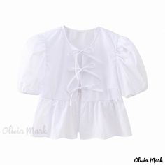 Olivia Mark - White Fashionable Ribbon-Trimmed Bubble Sleeve Shirt Blouse in Multiple Colors Puff Sleeve Shirt, Short Puff Sleeve, Weave Style, Summer Fabrics, Crop Blouse, Spring 2024, Botswana, Latvia, Middle Age