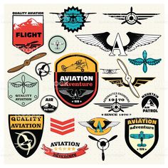 an assortment of aviation badges and emblems on a white background, with the words