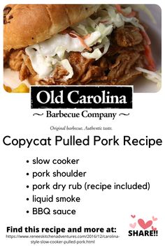 the menu for old carolina barbecue company shows pulled pork and coleslaw on a roll