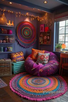 a living room filled with lots of colorful furniture and decor on top of a wooden floor