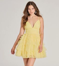 Katalina V-Neck Ruffle A-Line Party Dress Yellow Homecoming Dresses Short, Yellow Homecoming Dresses, Mesh Party Dress, Spring Formal, Short Homecoming Dresses, Mini Homecoming Dresses, A Line Shorts, Windsor Dresses, Homecoming Dresses Short