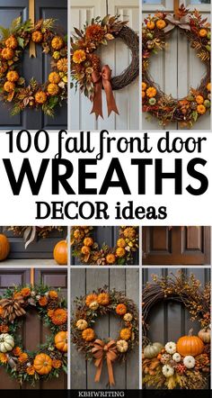 the front door wreaths are decorated with pumpkins and other autumn decorating items