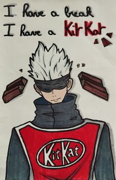 a drawing of a man with white hair wearing a red shirt and black pants, in front of a sign that says i have a break i have a k - kart