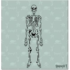 a stencil of a skeleton standing in front of a blue background