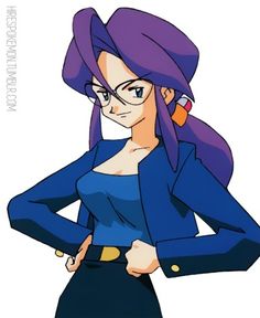 an anime character with purple hair and glasses