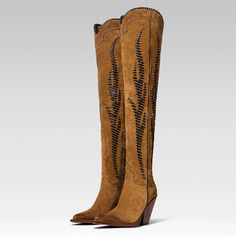 Elevate your style with these tan vegan suede thigh-high boots. Featuring a pointed toe and flame insert design, they blend Western flair with contemporary trends for a striking fashion statement. Color: Tan Material: Vegan suede Heel Type: Block heel Heel Height: 3.54'' / 90 mm approx Shaft Height: 24'' / 609.6 mm approx Product measurements were taken using size 8. Please note that measurements may vary by size. Toe: Pointed toe Flame insert design Partial side-zip design Handcrafted US sizing Western Knee-high Faux Leather Boots, Western High Heel Knee-high Boots, Western Brown Leather Knee-high Boots, Brown Western Ankle-high Boots, Fall Wishlist, Cowgirl Vibes, Faux Fur Handbag, Brown Western Knee-high Boots With Snip Toe, Thigh High Suede Boots