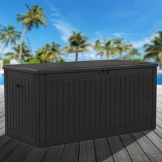 an outdoor storage box sitting on top of a wooden deck