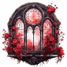 a painting of a window with red flowers on it