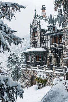 a castle like building is covered in snow