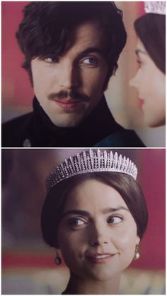 two pictures of people wearing tiaras, one with a mustache and the other with a moustache