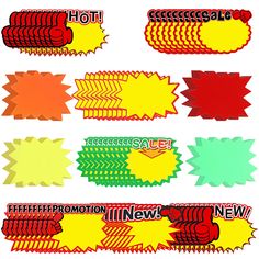 several different types of stickers on a white background with the words hot sale in red, yellow and green