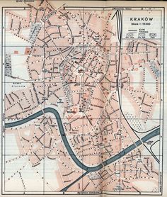 an old map of the city of karakow, with roads and streets in red