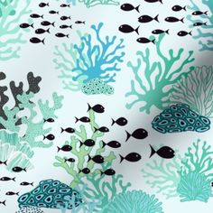 an ocean scene with fish, corals and seaweed on a white background fabric