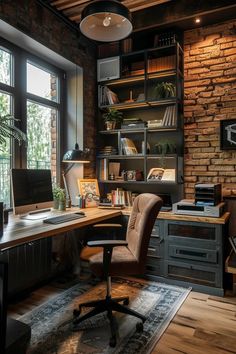 a home office with brick walls and wooden floors