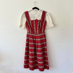 Nwt - Vintage Dirndl Oktoberfest Dress & Shirt Set - Red Striped Dress With White Lace Blouse - Size 38 B&R Brand With An Orginal Tag That States: "Norsk Fabrikat" Or "Made In Norway" Beautiful Dirndl Set Perfect For Oktoberfest! Includes A White Button-Down Blouse With Lace Details On The Short Sleeves, And A Red And Dark Red Striped Dress Featuring Delicate White Lace Patterns And A Button Corset-Style Bust. Size: Women’s Small/Medium Condition: Excellent Vintage Condition Measurements: Waist: Button Corset, Oktoberfest Dress, Red Striped Dress, White Lace Blouse, 2024 Style, White Button Down, Corset Style, Lace Patterns, Lace Blouse