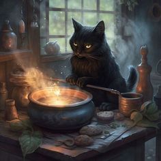 a black cat sitting on top of a table next to a pan filled with food