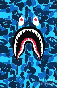 a blue camouflage camo background with a shark's mouth and red eyes greeting card