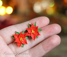 two red poinsettias are sitting on someone's hand