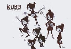 several cartoon characters with different poses and haircuts, one is holding a guitar