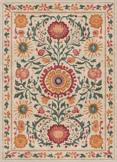 an intricately designed rug with flowers and leaves in red, orange, yellow and green