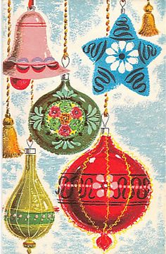 an old christmas card with ornaments hanging from it