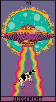 an image of a poster with a cow in front of a flying saucer on top of it