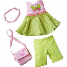 Your HABA doll will be looking cute for springtime with this bright dress set. From its butterfly accents to its cheerful pink and green coloring, it is sure to be a doll-closet essential. The elastic headband actually pushes the doll's hair back! Let your doll stand out in this beautiful dress set! Includes pink and light green sundress with dark pink waistband and butterfly design, capri pants and matching pink headband and hand bag. Fits all 12"-13.5" HABA soft dolls Machine washable on cold/ Dolls, Butterfly Dress, Soft Dolls, Dress Set, Doll Accessories, Set Dress, Doll Clothes, Cute Outfits, Rompers