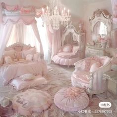 a bedroom with pink furniture and chandelier