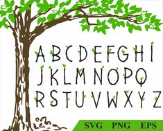 a tree with green leaves is shown in the font and lowercases for each letter