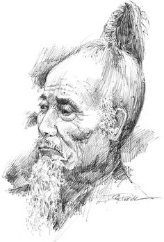 a black and white drawing of an old man