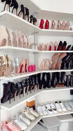 there are many pairs of shoes on the shelves