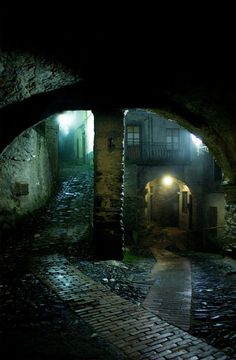 an alley way with cobblestones and lights at night