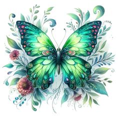 a green butterfly with flowers and leaves on it's wings, painted in watercolor